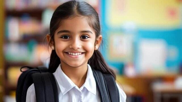Young indian girl smiling with a backpack in a colorful classroom setting during school hours