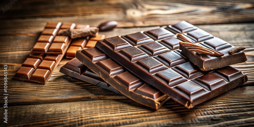 Poster A close-up view of dark chocolate bars arranged on a wooden surface, displaying the texture and richness of the cocoa-based treat.