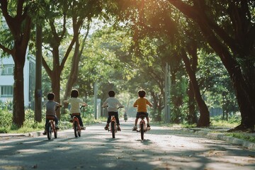 Fototapeta premium A group of children riding bikes down a street