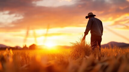 Fototapeta premium A silhouette of a farmer on a grain field working under a golden sunset, evoking a sense of tradition, hard work, and connection to nature and life cycles.
