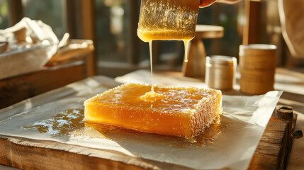 A golden honeycomb being drizzled with honey, capturing the essence of natural sweetness and artisanal craftsmanship in a rustic setting.