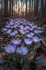 A Serene Landscape of Beautiful Purple Crocuses Blooming Amidst Trees at Dawn, Creating a Captivating Scene in a Tranquil Forest Environment with Soft Light