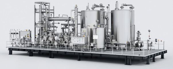Fototapeta premium High tech fuel processing unit with clean machinery and advanced design. This industrial equipment showcases modern engineering and efficiency in fuel processing