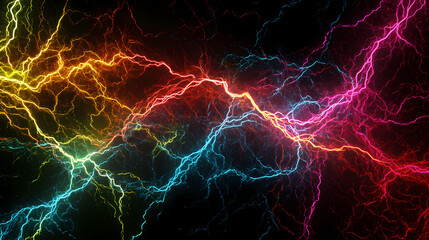 Naklejka premium A vibrant burst of multicolored lightning streaks across a black background, creating a dynamic and energetic composition. Dynamic Lightning Burst. Illustration