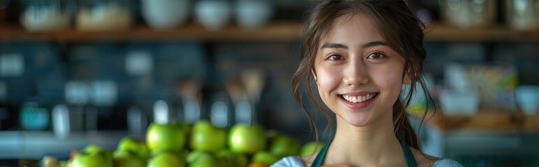 Fototapeta premium Portrait of a Smiling Young Woman in a Kitchen