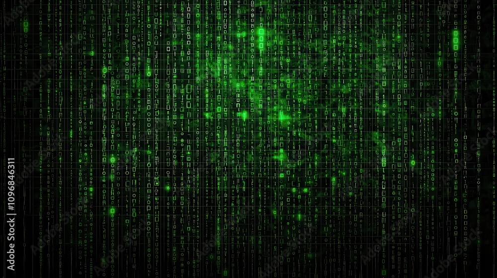 Poster a digital backdrop featuring green matrix-style data streams, creating an abstract and futuristic at