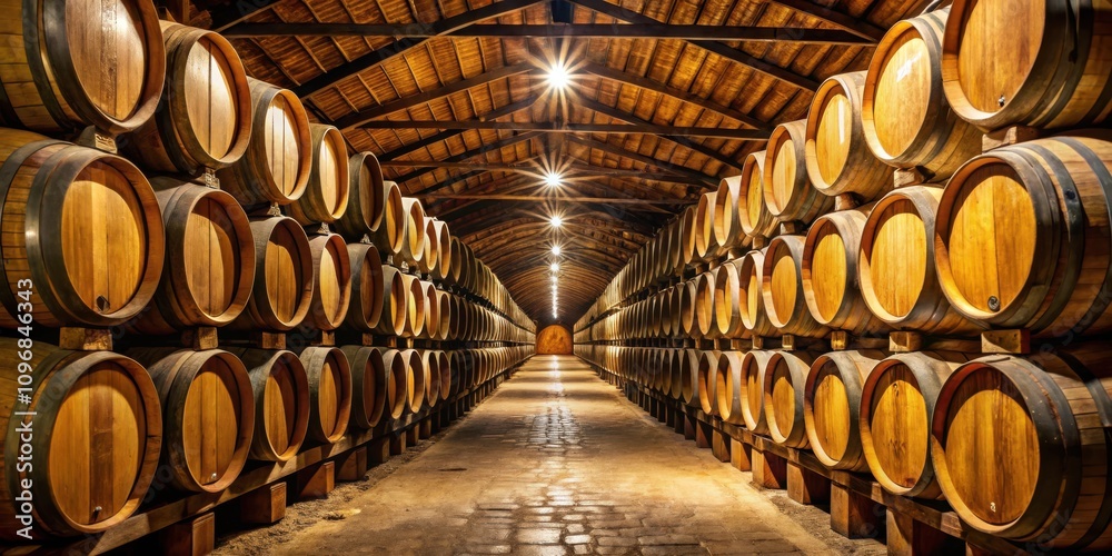 Poster rows of wooden barrels lined up in a wine cellar with light shining from above