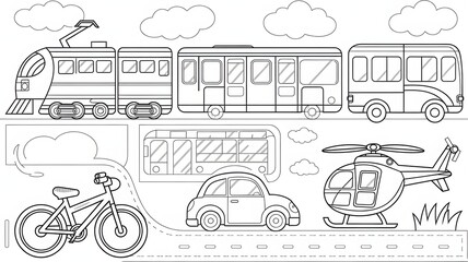 A black and white drawing of a train, bus, bicycle, and helicopter