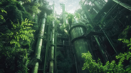 green biofuel plant surrounded by lush greenery, showcasing sustainable energy practices and nature reclamation of industrial structures