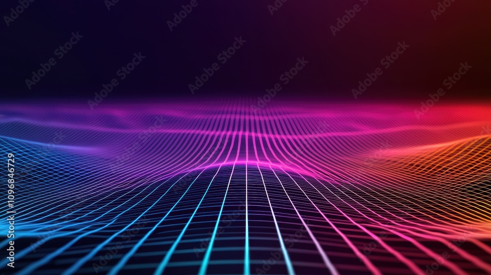 Poster a vibrant digital landscape with colorful waves and a grid pattern, creating a futuristic and abstra