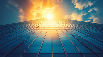sleek high-rise office building with modern glass windows reflecting the sky symbolizing corporate success, ambition, and urban growth in a bustling cityscape