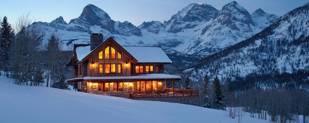 A picturesque cabin nestled in snowy mountains, glowing warmly at dusk, surrounded by serene nature.