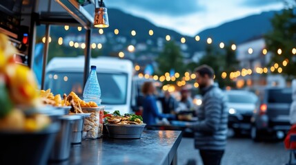 Amidst the dynamic atmosphere of a food festival, a bustling crowd enjoys various culinary delights, creating a vibrant and joyful social gathering experience under bright lights.