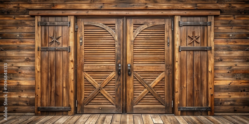 Poster rustic double doors set against a weathered wooden wall with intricate design elements and decorativ