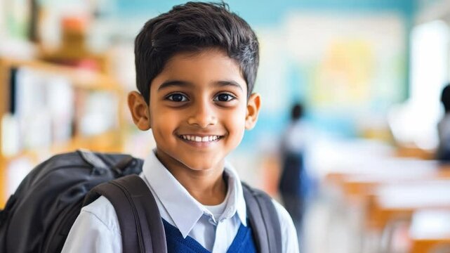 Smiling indian schoolboy in a uniform and backpack in a bright classroom on a sunny day