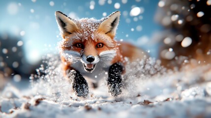 Obraz premium A vivid image showing a fox joyfully frolicking through freshly fallen snow, embodying a playful spirit amidst nature's winter beauty.