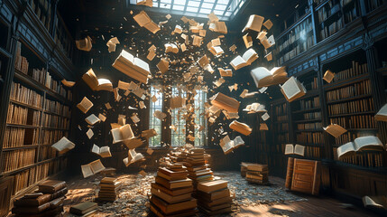 Flying open books in a library illuminated by bright white light symbolizing the pursuit of knowledge, enlightenment, and the transformative power of education in a modern learning space