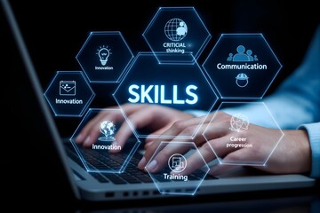 Skills Development and Learning Concept. Professional working on a laptop with digital icons representing skills, education, personal development, learning, and soft skills for career and business gro