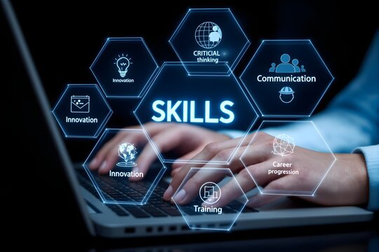 Skills Development and Learning Concept. Professional working on a laptop with digital icons representing skills, education, personal development, learning, and soft skills for career and business gro