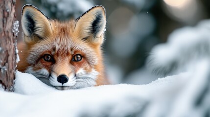 Obraz premium A curious fox peers through a snowy landscape with an intense gaze, its fur blending with the surrounding snow, creating a scene of natural inquisitive serenity.
