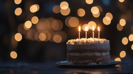 Celebratory Cake with Candles and Bokeh Lights