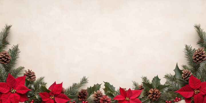 Christmas banner template, flat lay composition with Christmas theme ornaments and Poinsettia flower,  text space
