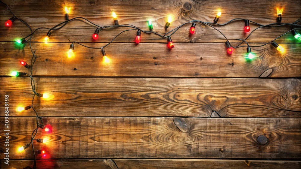 Poster A rustic wooden background with a string of colorful lights strung across it.