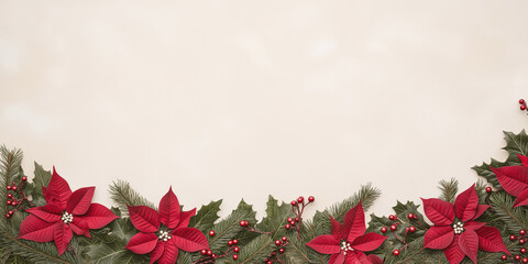 Christmas banner template, flat lay composition with Christmas theme ornaments and Poinsettia flower,  text space