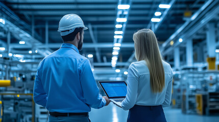 Obraz premium Male and Female Engineers Standing with Their Back to Camera, Using Laptop Computer and Talking in a Factory Facility