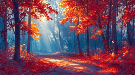 Sunlit Path Through Autumn Forest Vibrant Red and Gold Leaves