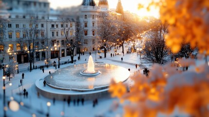 A stunning sunset over a snowy plaza, centering on an elegant fountain, with the glow of nearby lights casting a warm, inviting reflection on the snow.