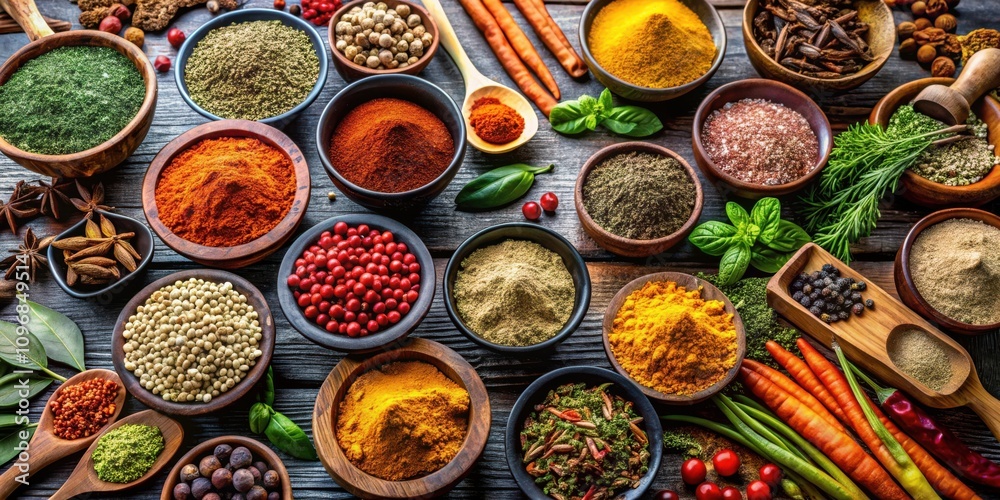Aufkleber a colorful array of spices and herbs arranged on a rustic wooden surface, showcasing the vibrant hue