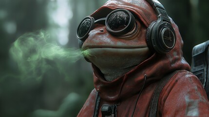 a frog wearing a hoodie and toque and headphones and sunglasses, green smoke from mouth, vibes, cartoony