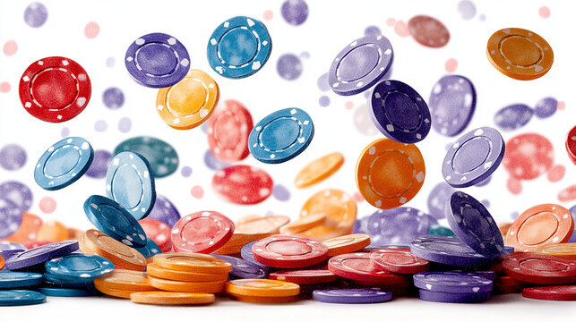 Colorful poker chips swirling in the air create a vibrant and dynamic gaming atmosphere