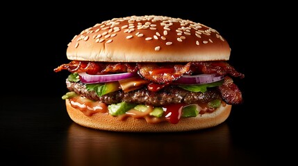 fresh hamburger with cheese, kebab, tomato, cabbage leaf isolated on background, hamburger, cheese, kebab, tomato, on dark background created with generative AI