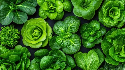 Fototapeta premium Fresh and Vibrant Collection of Various Green Leafy Vegetables Displayed on a Dark Background for Healthy Eating and Culinary Inspiration