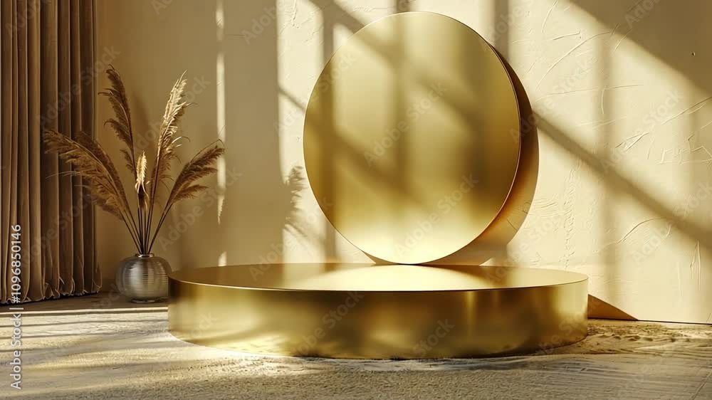 Poster a golden circular pedestal is highlighted in a minimalist interior featuring soft lighting. pampas g