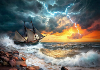 Obraz premium Dramatic Lightning Strikes over Ship Sailing on Stormy Sea at Dusk