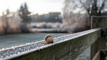 Obraz premium A single acorn resting on a wooden fence dusted with frost