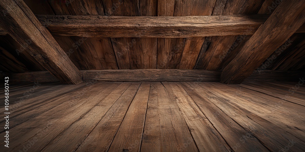 Poster a rustic wooden ceiling and floor create a warm, inviting atmosphere with rich textures and natural 