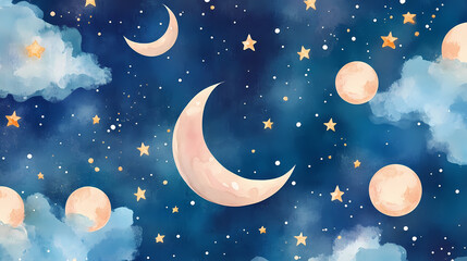Fototapeta premium Seamless watercolor pattern of a starry universe adorned with moons perfect for textiles and home decor. Infinite Starry Patterns. Illustration