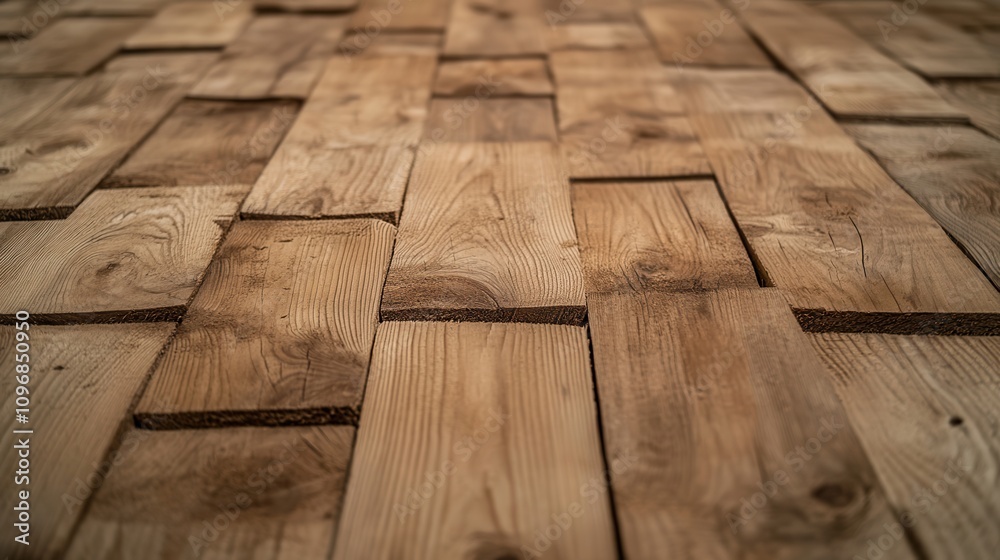 Poster a close-up view of wooden planks arranged in a geometric pattern, showcasing the natural texture and