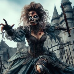 Ghostly warrior emerges from a haunted castle under an ominous sky with fierce determination and a glimmering sword in hand