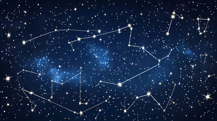 Digital illustration of a dark blue starry sky with visible constellations and a hint of the milky way. Infinite Starry Patterns. Illustration