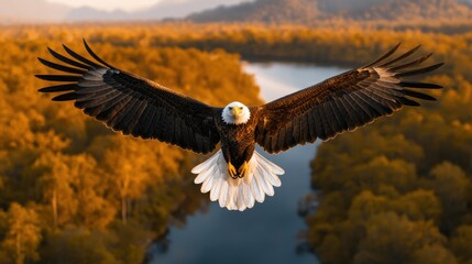 Obraz premium Majestic Bald Eagle Gliding Over Serene River Valley During Golden Hour with Mountainous Background and Lush Greenery Enhancing the Scenic Beauty of Nature