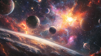 Obraz premium Cosmic landscape with stars, planets, and constellations. Infinite Starry Patterns. Illustration