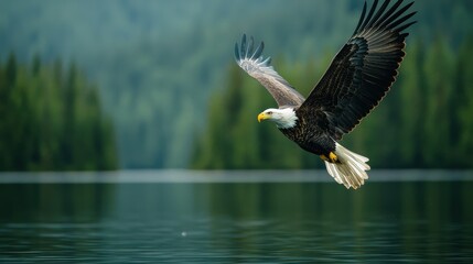 Obraz premium Majestic Bald Eagle in Flight Over Serene Lake Surrounded by Lush Green Forest and Soft Mist, Capturing Nature's Beauty and Wildlife Majesty