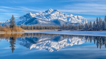 Fototapeta premium Majestic Winter Mountain Reflection in Calm Lake
