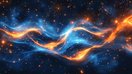 Obraz premium Abstract cosmic flow: dynamic blue and orange waves with starry accents. Infinite Starry Patterns. Illustration