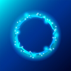 A glowing circular futuristic design on a blue background. The circle features interconnected angular shapes with small bright spots, exuding a techy, sci-fi aesthetic. Vector illustration